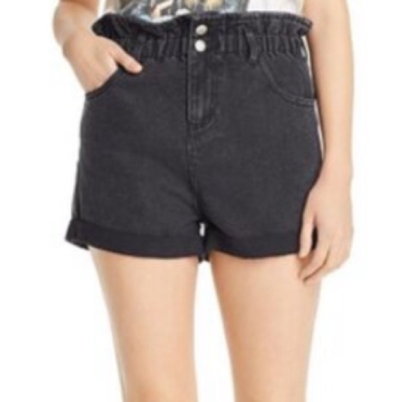 NWT [Sunset & Spring] Black Cotton Cuffed Paperbag Denim Shorts Women's Sz Small - Picture 1 of 4